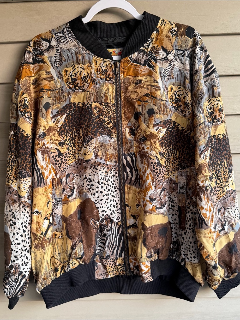 Vintage 90s Atlantic Beach 100% Silk Safari Animal Print Bomber Jacket Size XL⁠